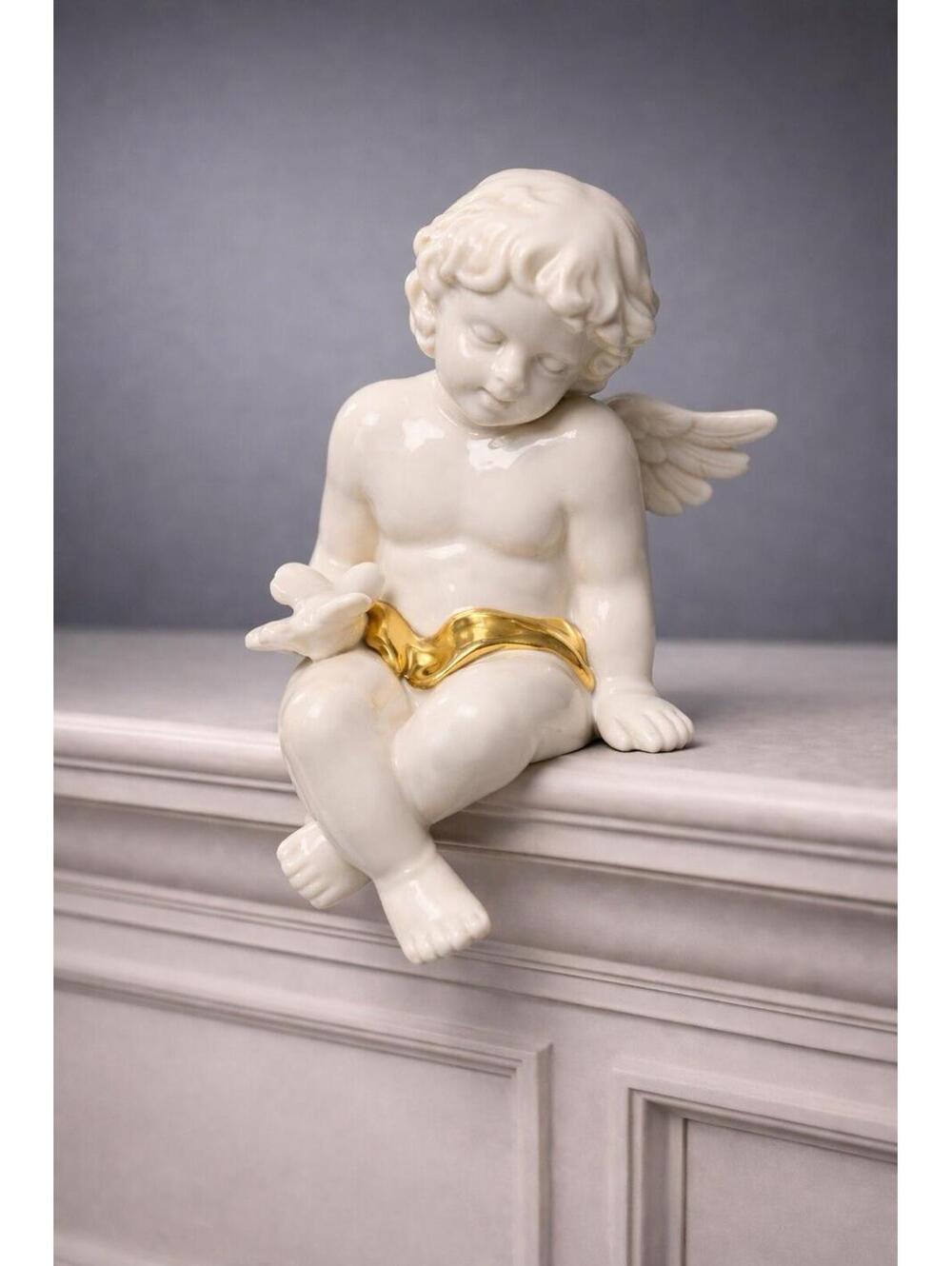 Vintage 1980s White & Gold Porcelain Shelf Seating Cherub Angel Figurine, 3x5”